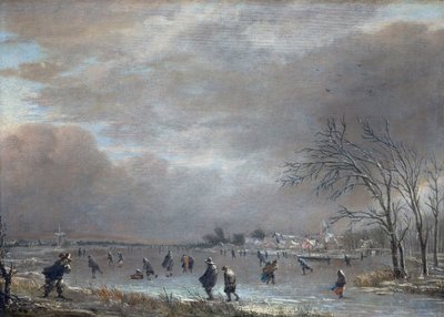 Paisaje Invernal con Patinadores en un Río Congelado de Aert van der Neer